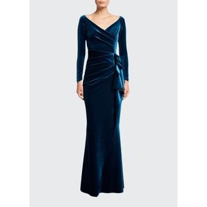 V-neck Long-Sleeve Side Drape Velvet Wrap Gown
